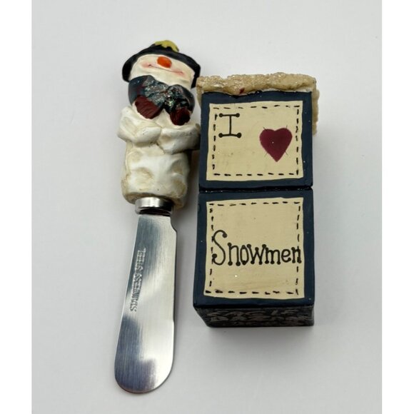 Vintage Snowman Themed Cheese Spreader With Holder Rustic Christmas Decor - Picture 10 of 10